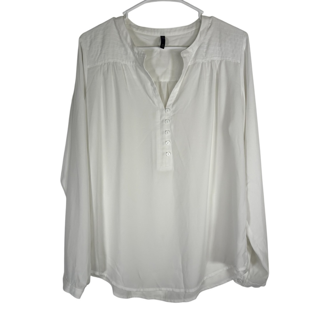 NYDJ Women's Medium White Long Sleeve Blouse Top V Neck Button Up Henley